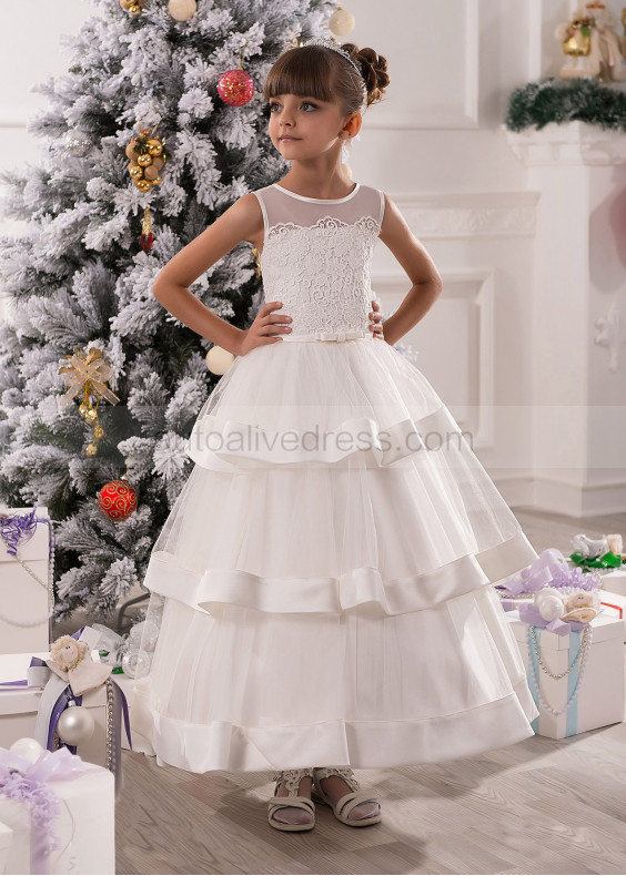 Ivory Lace Tulle Tiered Flower Girl Dress With Satin Binding Ivory Lace Tulle Tiered Flower Girl Dress With Satin Binding